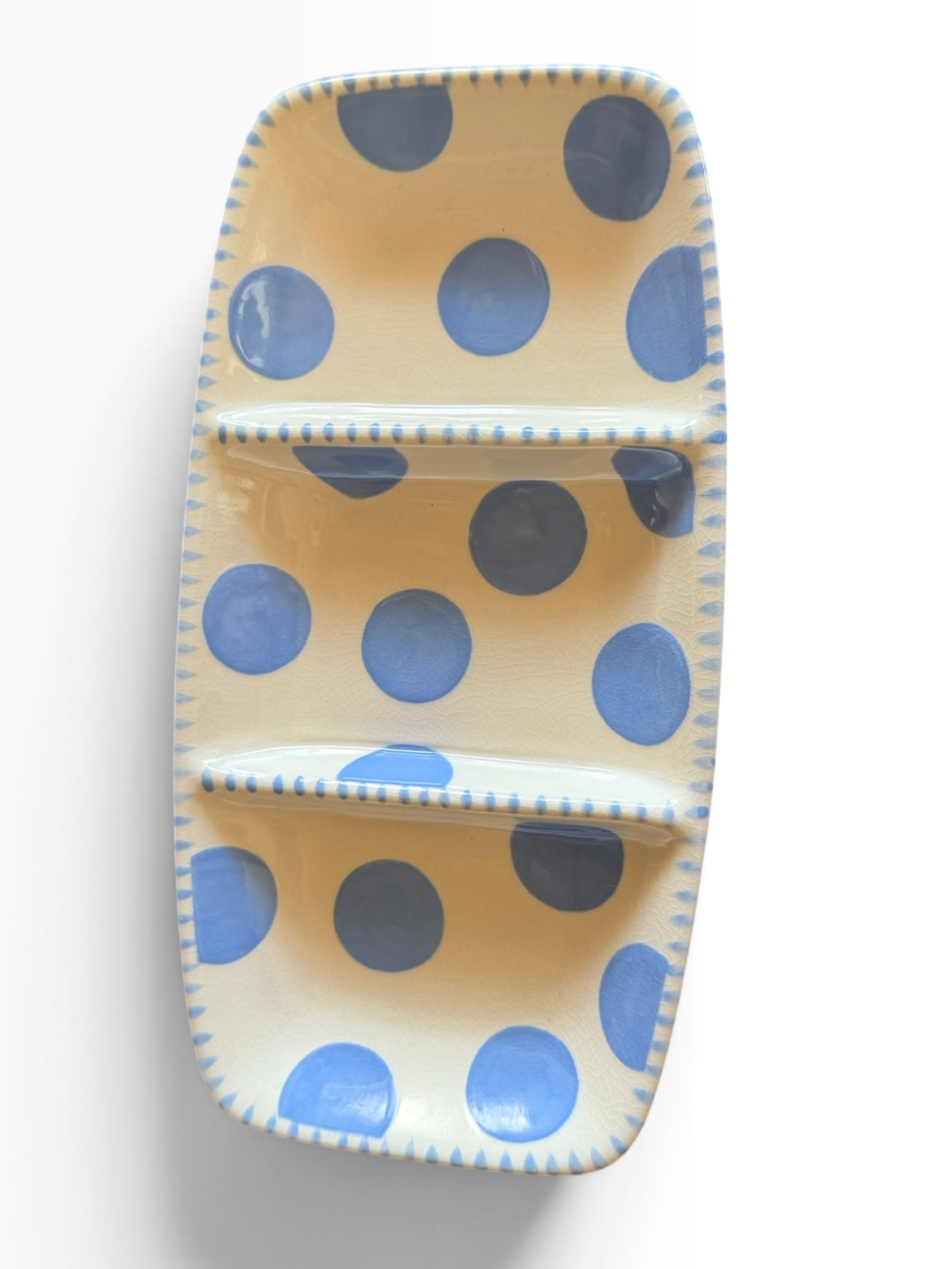 Mandy Bagwell Blue Cream Polka Dot Divided Appetizer Snack Small Serving Tray EC
